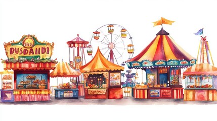 Naklejka premium Vibrant 3D Watercolor Dussehra Fair with Rides and Food Stalls | Festive Illustration