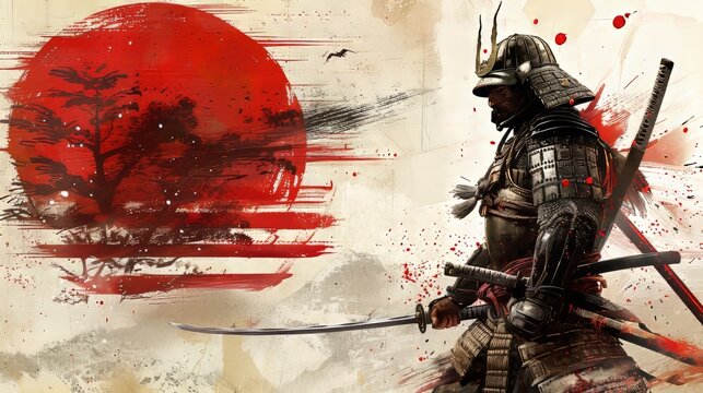 Japanese samurai battle portrait on traditional ornamented carpet in watercolor painting