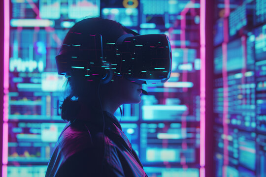 Woman Wearing VR Headset in Neon Server Room