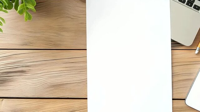 An empty blank white vertical resume paper document mockup template from a top view on a minimalist wooden office desk