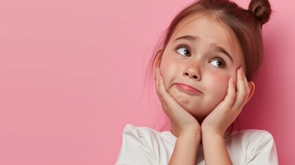 A young girl with a dissatisfied expression touches her cheeks with both hands