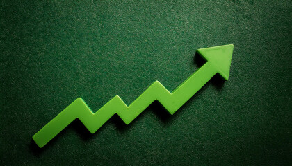 Green arrow pointing upwards, green textured background. Business and market growth concept.