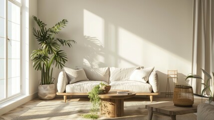 Scandinavian living room with fabric sofa, table, and morning light with a plant.