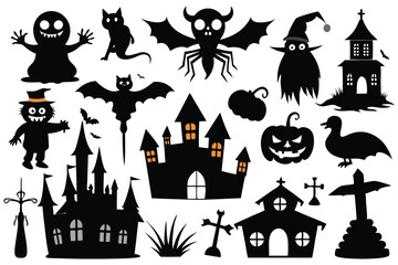 Halloween silhouette collection on a white background.