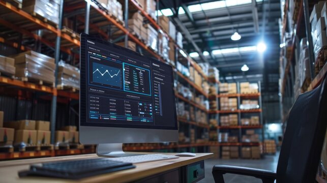 A computer monitor is on a desk in a warehouse
