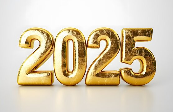 3D golden number "2025" on white background for new year celebration