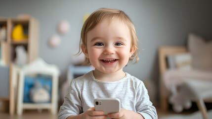 Child Looking at Phone: Pastel-Toned Room Background