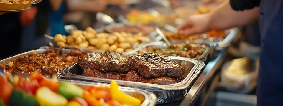 A vibrant and colorful photograph captures an event featuring the delicious food at the buffet line in the banquet hall
