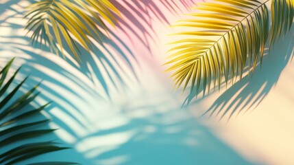 Fototapeta premium Vibrant tropical palm leaves casting colorful shadows on multicolored pastel background with summer vibes, summer background
