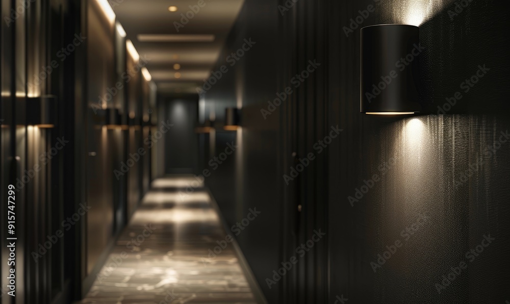 Wall mural A serene hotel corridor featuring elegant, modern wall lights casting soft illumination on dark walls and carpeted floor, creating a calm, luxurious atmosphere suitable for relaxation