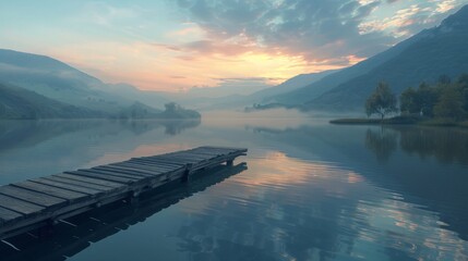 Peaceful dock over calm waters with misty mountain backdrop at sunset