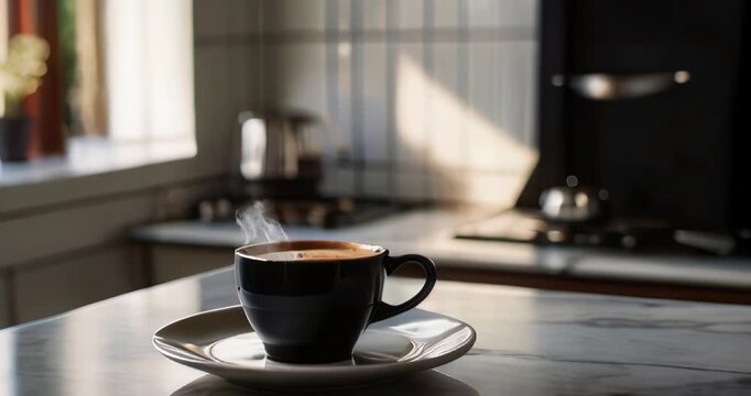 A black coffee cup with a detailed latte art heart sits on a marble countertop, with a modern kitchen blurred in the background, creating a cozy atmosphere. video 4k