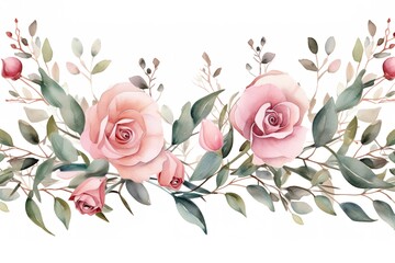 Watercolor floral border with pink roses and green leaves.