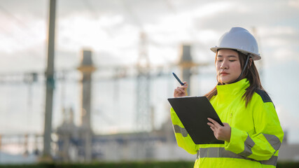 Asian man petrochemical engineer working at oil and gas refinery plant industry factory,The people worker man engineer work control at power plant energy industry manufacturing