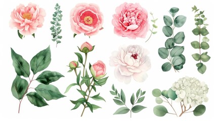 Set of watercolor elements featuring peonies and eucalyptus