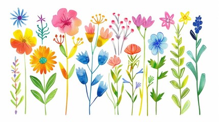 Set of colorful flowers in various shapes and sizes