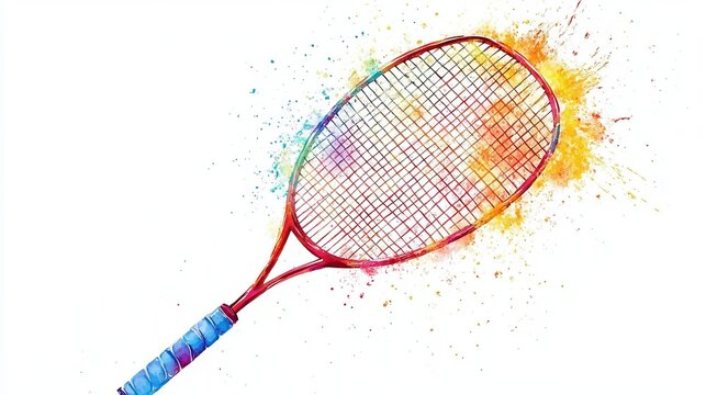 3D Watercolor Badminton Racket with Bold Outlines -  Stock Image