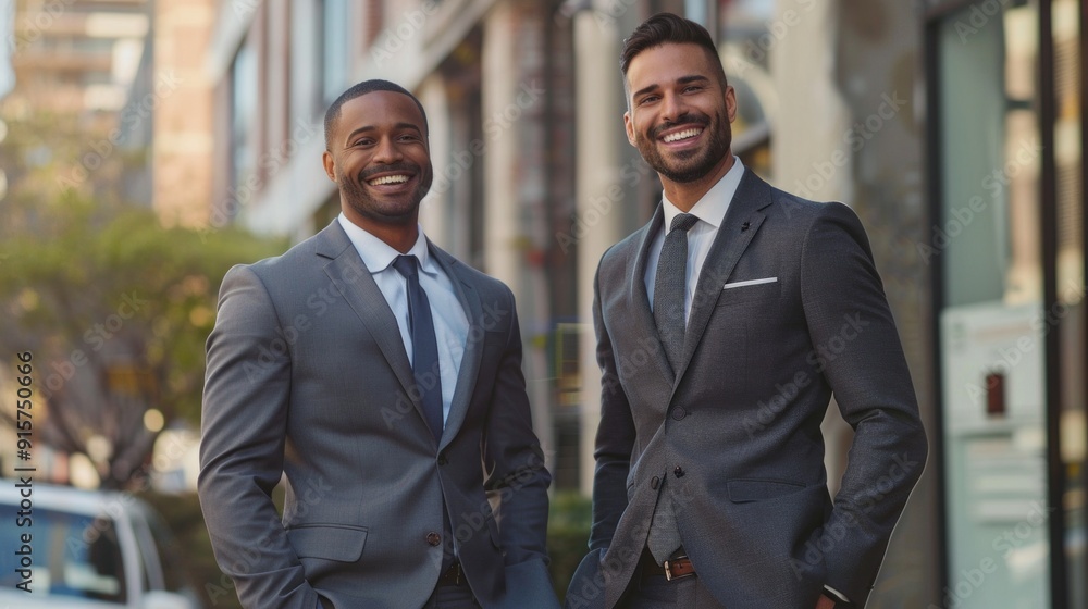 Poster two men in suits are smiling and posing for a photo