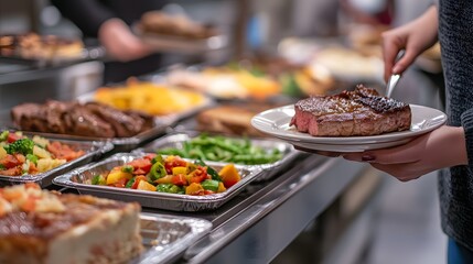 A vibrant and colorful photograph captures an event featuring the delicious food at the buffet line in the banquet hall