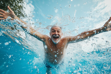 Joyful Senior Man Diving into Pool, Underwater View with Splashing Water