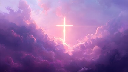 Fototapeta premium A cross with clouds behind it, shining light in the sky. The background is an abstract painting of purple and yellow colors.