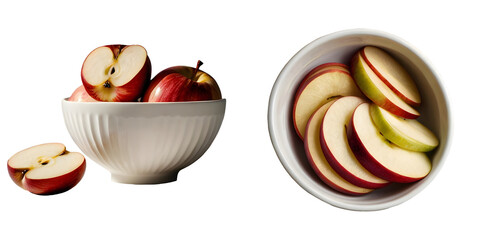 Apple in a white bowl set isolated with whit and transparent background