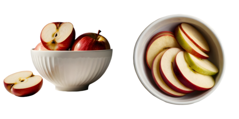 Apple in a white bowl set isolated with whit and transparent background