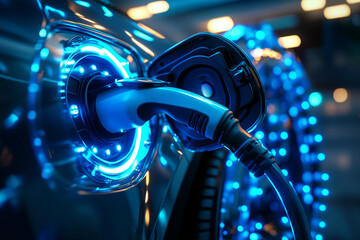 High-Tech Electric Vehicle Charging at Night, Neon Blue Lights Close-Up