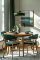 Modern Scandinavian dining room with green accents and wooden furniture