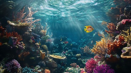 Fototapeta premium Underwater Scene with Sunbeams Illuminating Vibrant Coral Reef and Fish