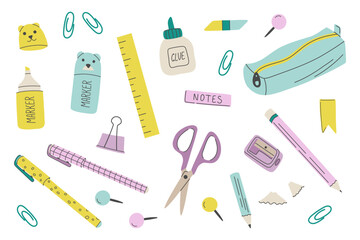 School stationery and supplies set. Accessories for study. Back to school collection. Hand drawn flat style vector illustration.

