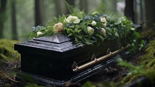 Flowers on a coffin in the funeral or burial services at cemetery, casket with flowers

