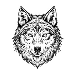 Fototapeta premium Wolf's face close-up, capturing the texture of fur and sharp gaze, on a white background.
