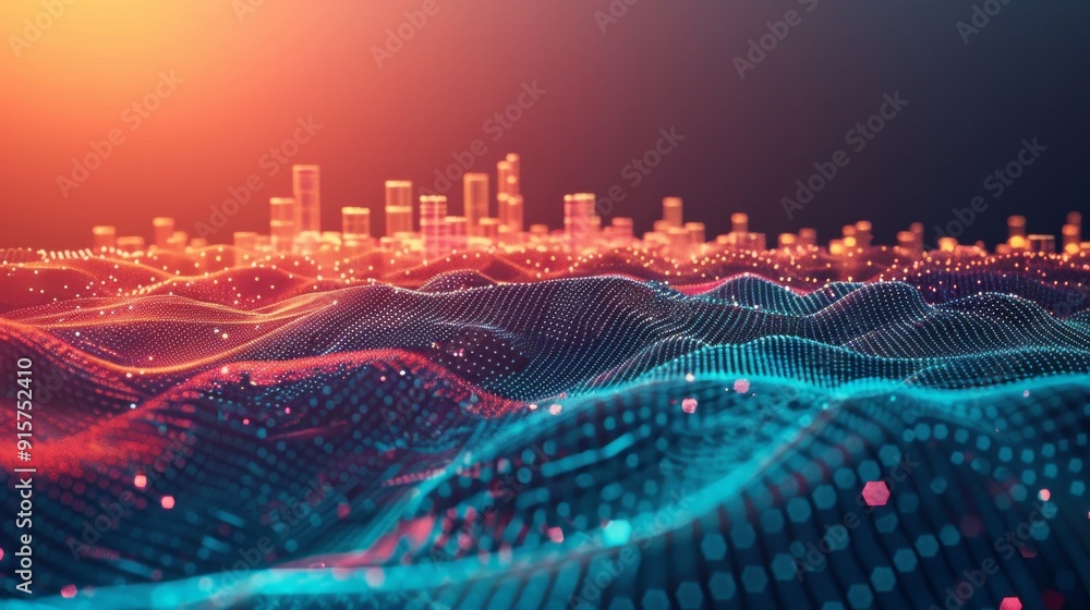 Poster a cityscape with a blue and red wave in the background