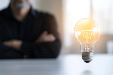 A glowing light bulb suspended in the air, symbolizing innovation and creative ideas, with a thoughtful person in the background.