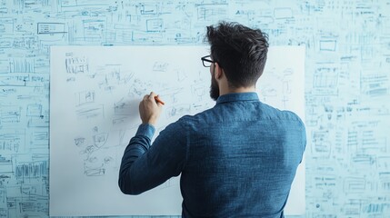 A focused individual brainstorming ideas on a large paper, showcasing creativity and planning in a modern workspace.