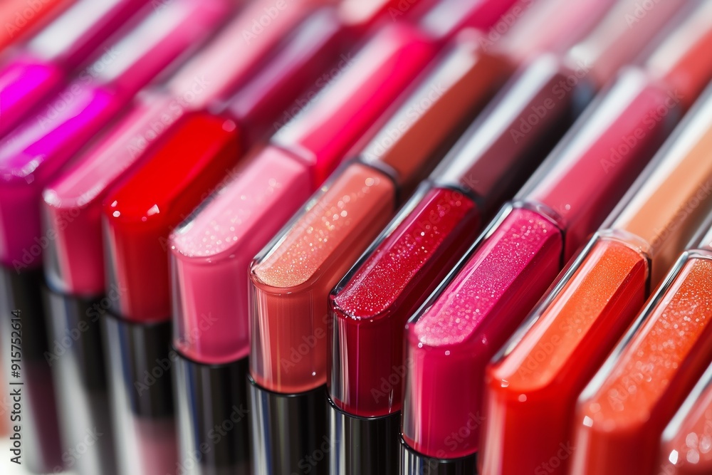 Poster colorful array of lip glosses displayed on a countertop in a beauty store