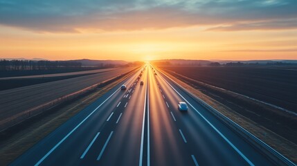 Obraz premium A serene highway stretching towards a vibrant sunset, capturing the essence of travel and adventure in a tranquil landscape.