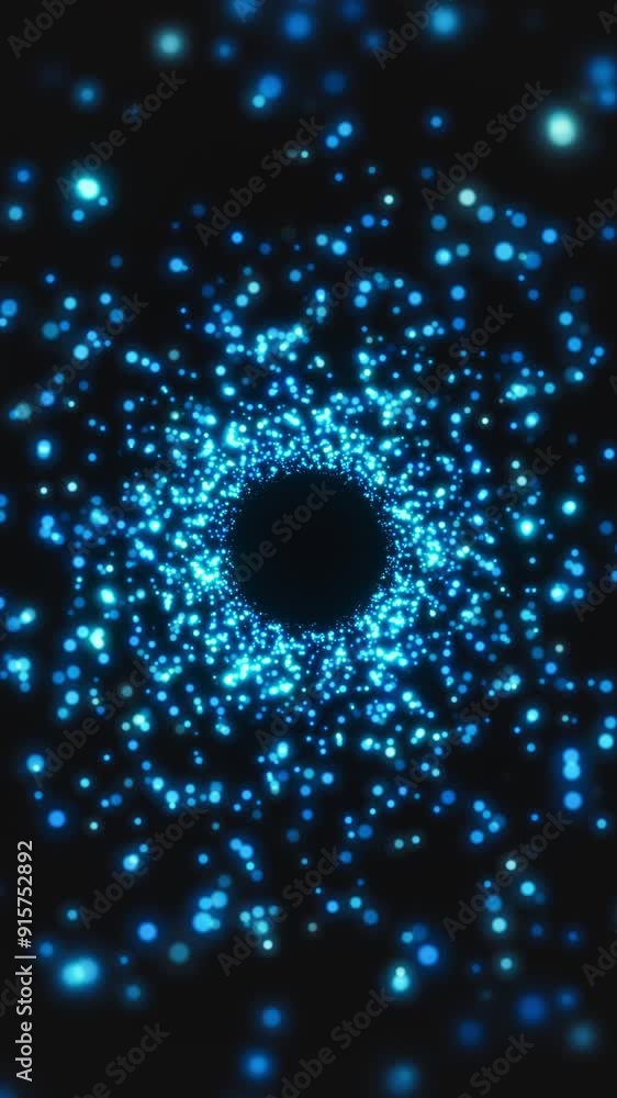 Poster vertical video animation of blue particles in a tunnel on a dark background - abstract background.