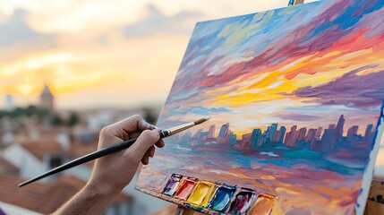 An artist painting a vibrant sunset skyline on canvas, showcasing creativity and passion for art in a tranquil outdoor setting.