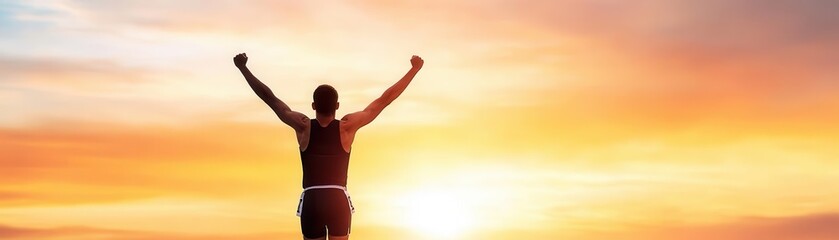 Obraz premium A person celebrating success against a vibrant sunset backdrop, representing freedom, achievement, and joy in life.