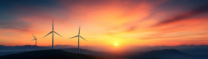 A stunning sunset over wind turbines, showcasing renewable energy and natural beauty in a serene landscape.