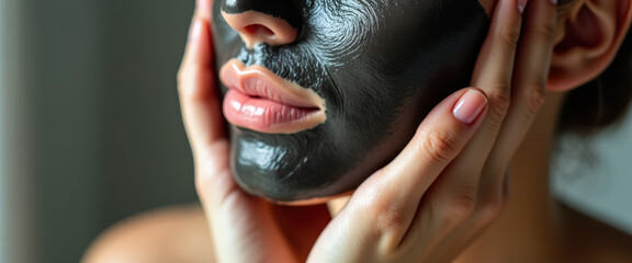 Obraz premium Woman with black mud mask doing deep facial cleaning spa treatment at home, health and beauty - close up spa portrait , skincare , face, blackface, peeling nose, black mask 