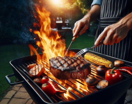 steak grill flames grilling meat beef beefsteak grilled, garden party barbeque outside fire charcoal