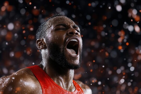 A victorious athlete celebrates with passion, capturing the pure joy of triumph amidst a dynamic, energetic backdrop.