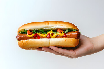 A hand holding a hotdog with ketchup and mustard isolated on a white background