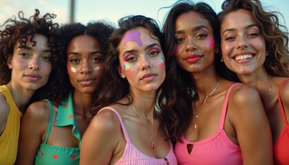 Fototapeta premium Diverse Group of Young Women With Festive Makeup, Bright Colors, and Summer Outfits, Celebrating Together