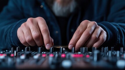 Fototapeta premium Close-up of hands adjusting controls on a sound mixer, capturing the essence of music production and creativity.