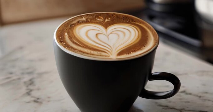 A black coffee cup with a detailed latte art heart sits on a marble countertop, with a modern kitchen blurred in the background, creating a cozy atmosphere. video 4k