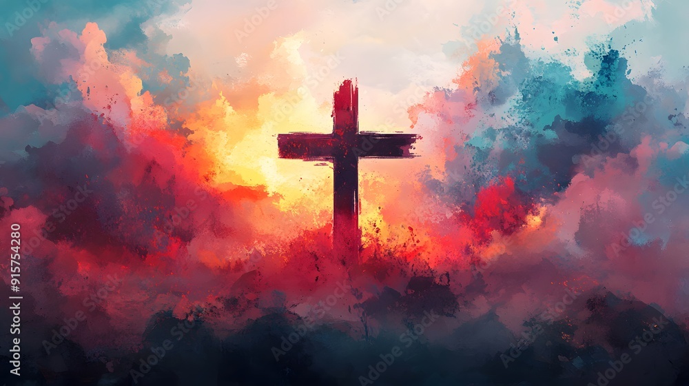 Wall mural a cross with clouds behind it, shining light in the sky. the background is an abstract painting of p